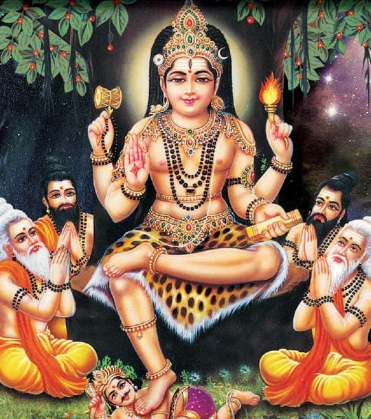 Dakshinamurthy — the young Guru seated beneath the banyan tree, teaching ancient sages through silence