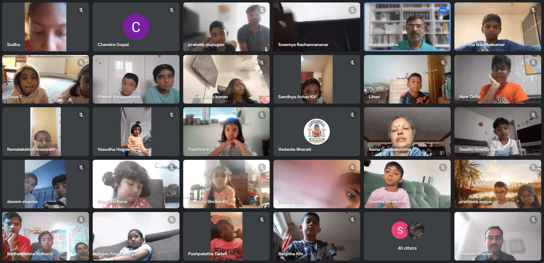 Kishora Sudha — a live online class in session, a grid of children and teachers on video call